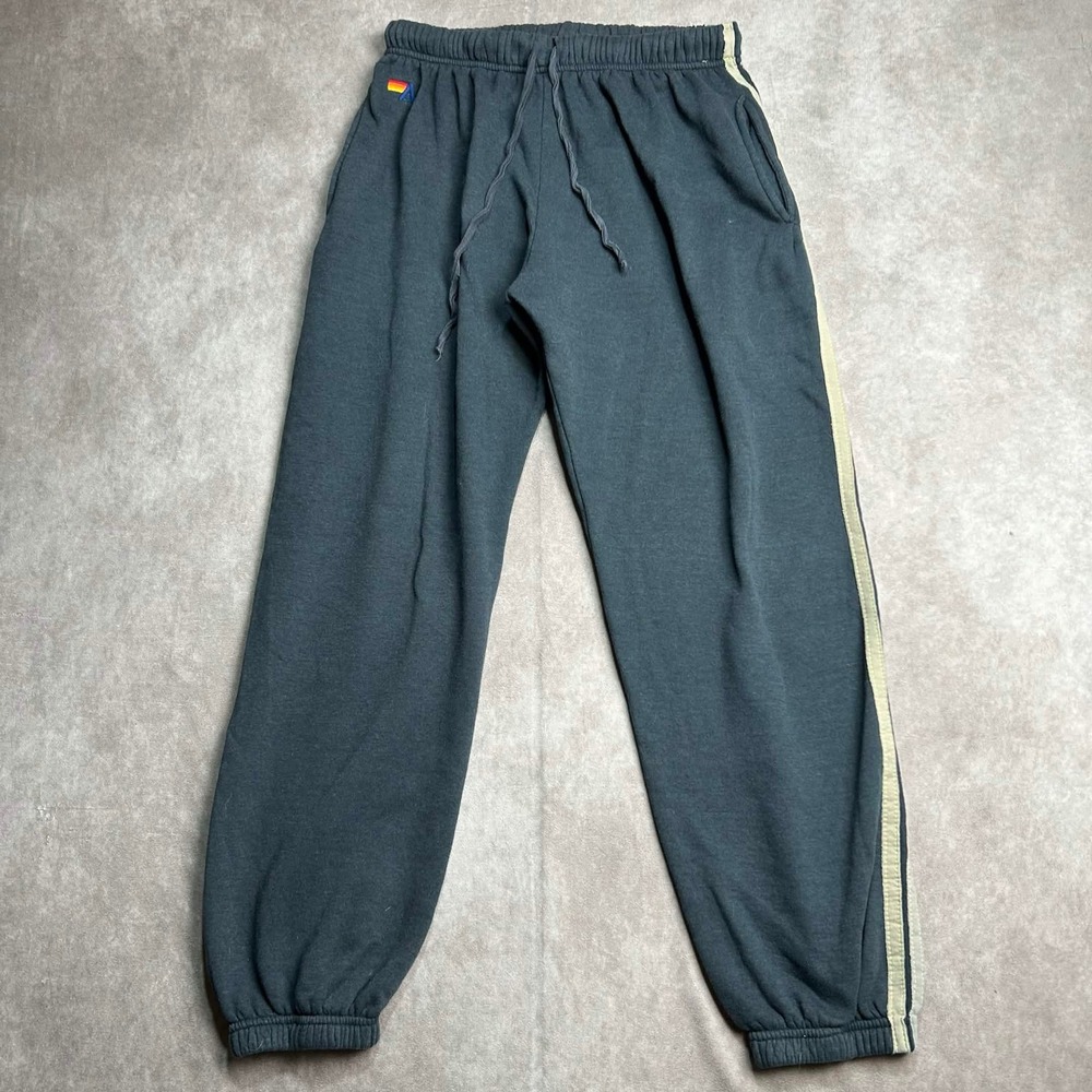 Aviator Nation Charcoal Gray Rainbow Logo Striped Jogger Sweatpants Mens Large